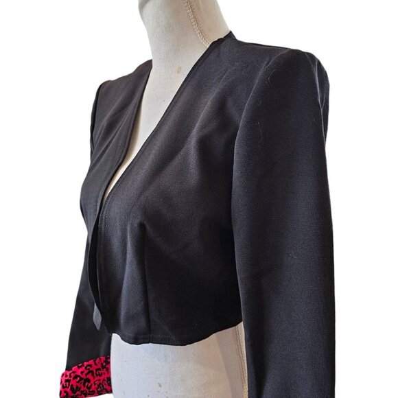 Retro‎ 90s Womens Small Black Cropped Open Blazer Jacket Red Leopard Print Cuffs - Picture 2 of 8